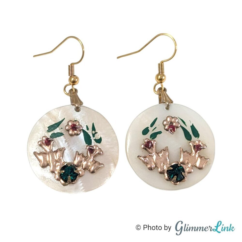 Vintage Mother of Pearl Floral Bird Dangle Earrings Rhinestones
